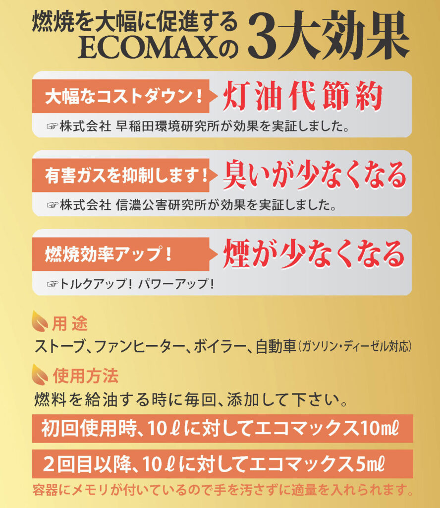 燃焼を大幅に促進するECOMAXの3大効果
・大幅なコストダウン!　灯油代節約
  株式会社 早稲田環境研究所が効果を実証しました。
・有害ガスを抑制します　臭いが少なくなる
  株式会社 信濃公害研究所が効果を実証しました。
・燃焼効率アップ!　煙が少なくなる
  ロトルクアップ!パワーアップ!
用途
ストーブ、ファンヒーター、ボイラー、自動車（ガソリン、ディーゼル対応）

使用方法
・燃料を給油する時に毎回、添加して下さい。
・初回使用時、10Lに対してエコマックス10ml
・2回目以降、10Lに対してエコマックス5ml
容器にメモリが付いているので手を汚さずに適量を入れられます